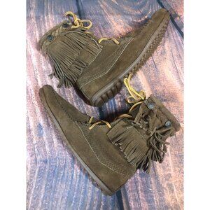 Minnetonka Tramper #623 Double Fringe Brown Suede Boots Womens 5 (v5d)